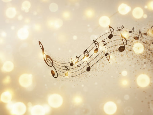 Decorative image of musical notes on a gold glittery background with lights